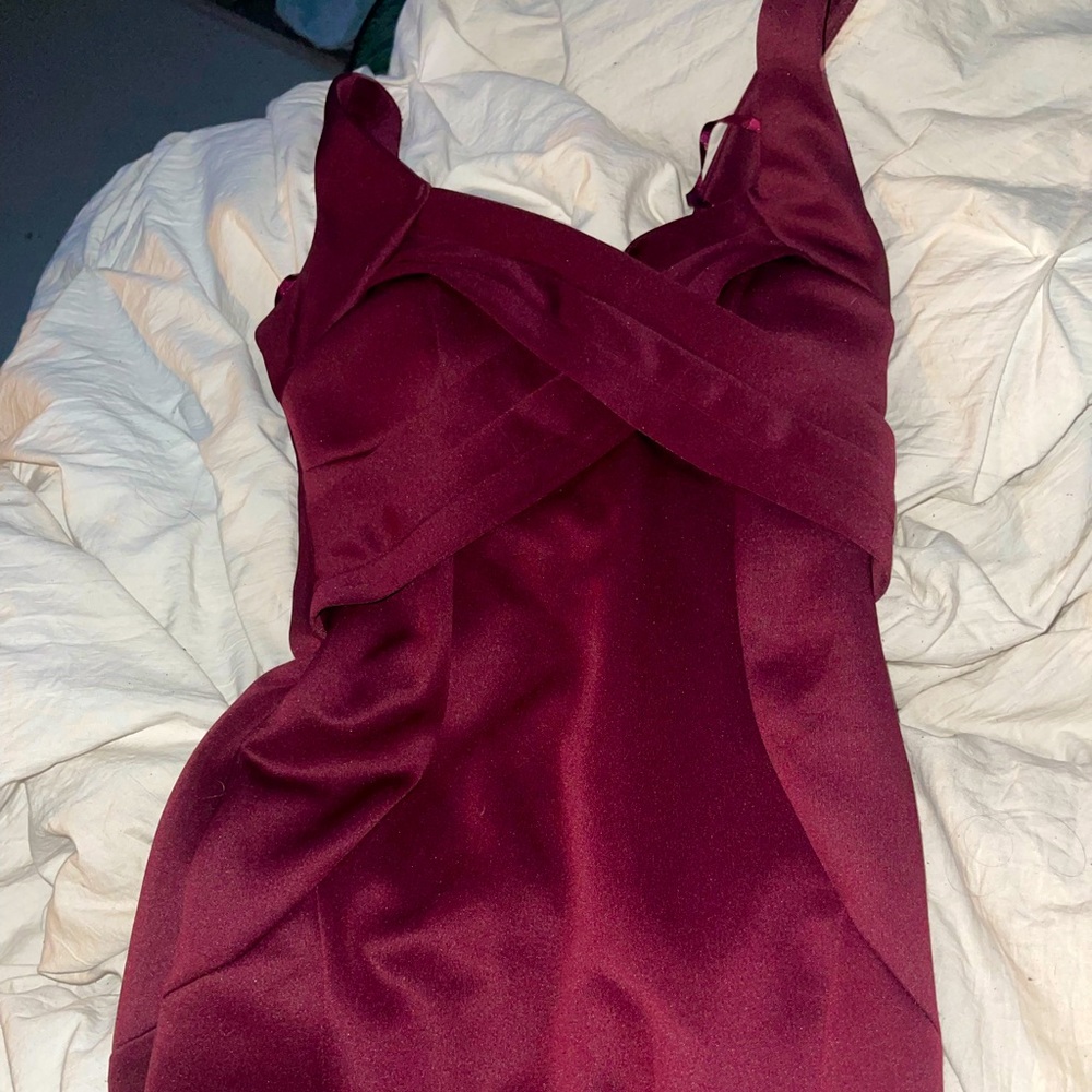 Le Château floor-length maroon wrap gown with high leg slit